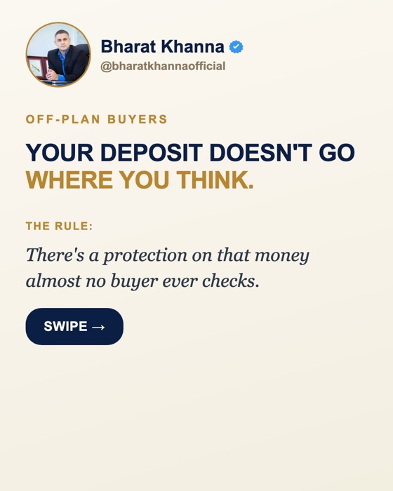 Carousel cover slide reading 'Off-plan buyers, your deposit doesn't go where you think'