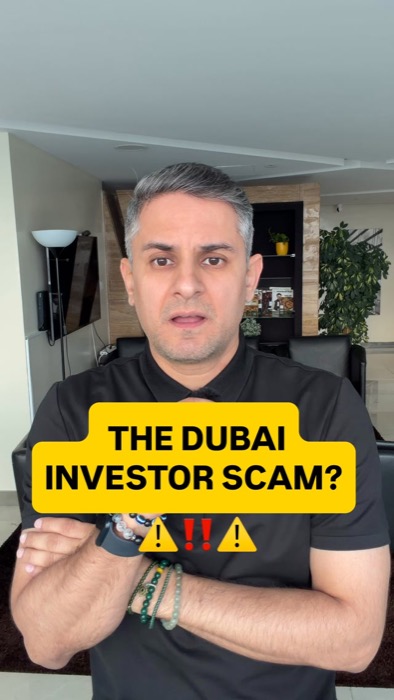 Bharat Khanna outdoors with arms crossed, on-screen text 'The Dubai Investor Scam?' and warning emojis